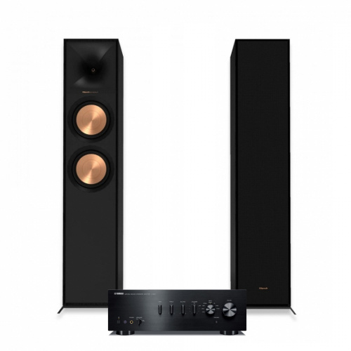 Högtalare och förstärkare i svart, Klipsch R-600F och Yamaha A-S501 MK II.