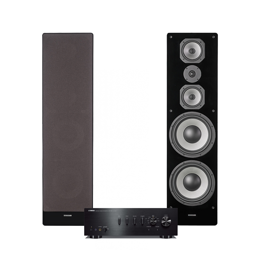 Stereopaket med förstärkare och golvstående högtalare.