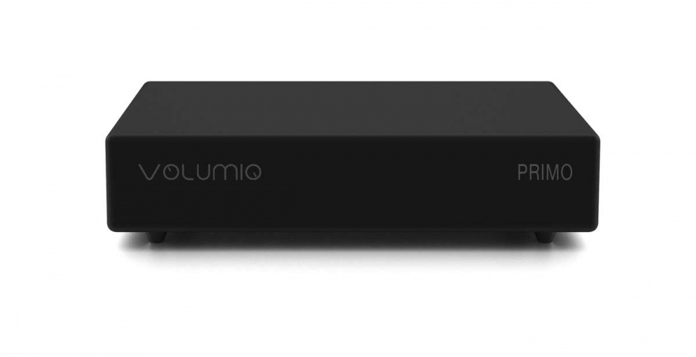 Svart enhet med namnet Volumio Primo på framsidan.