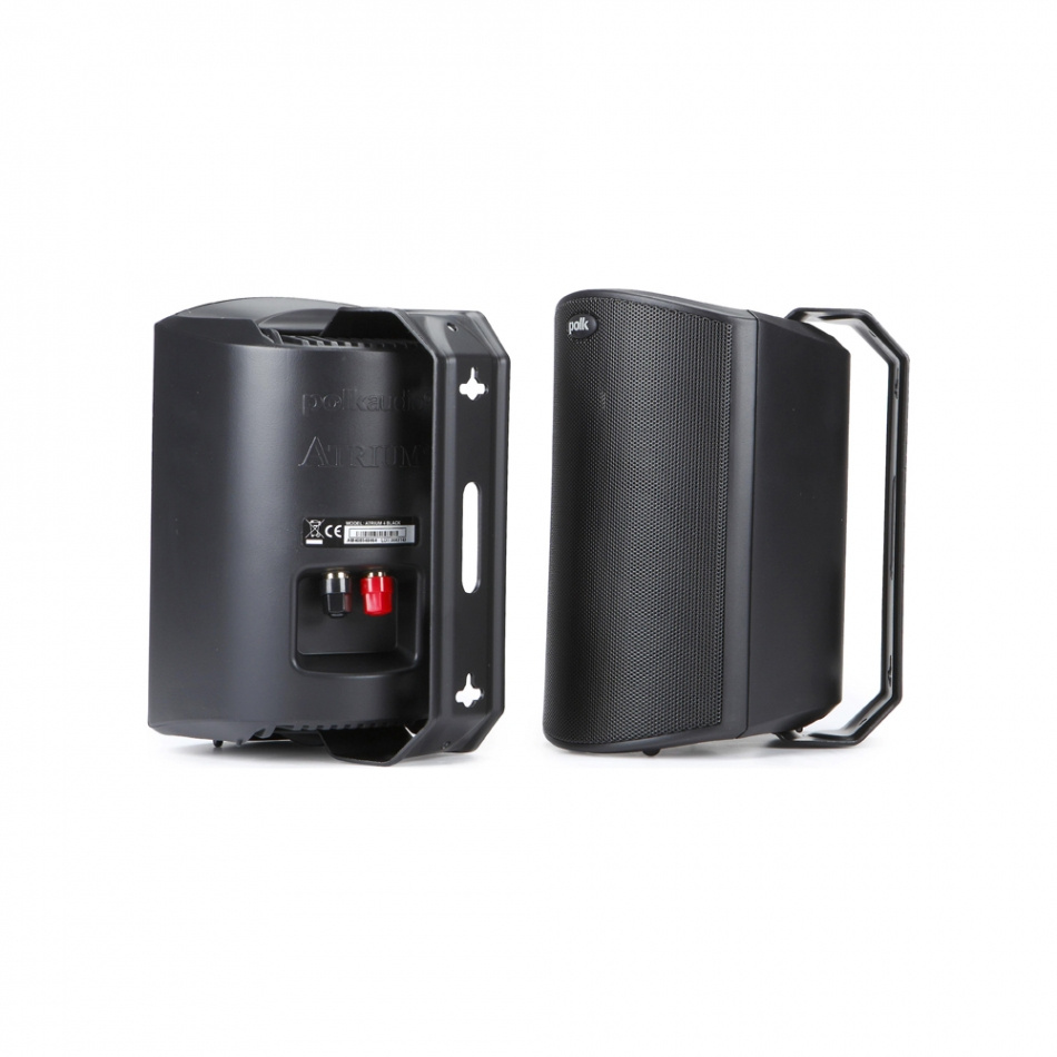 Svarta utomhushögtalare med modern design, idealiska för stereopaket.