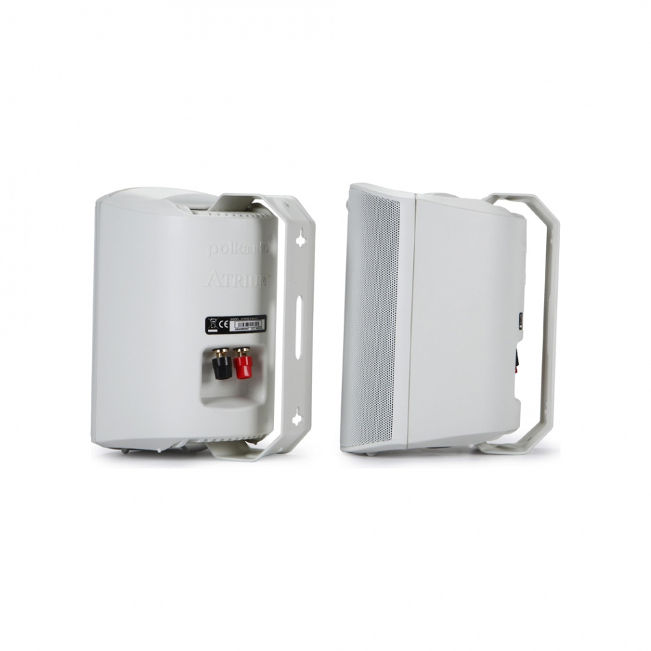 Utomhushögtalare i vitt, med anslutningar och handtag.