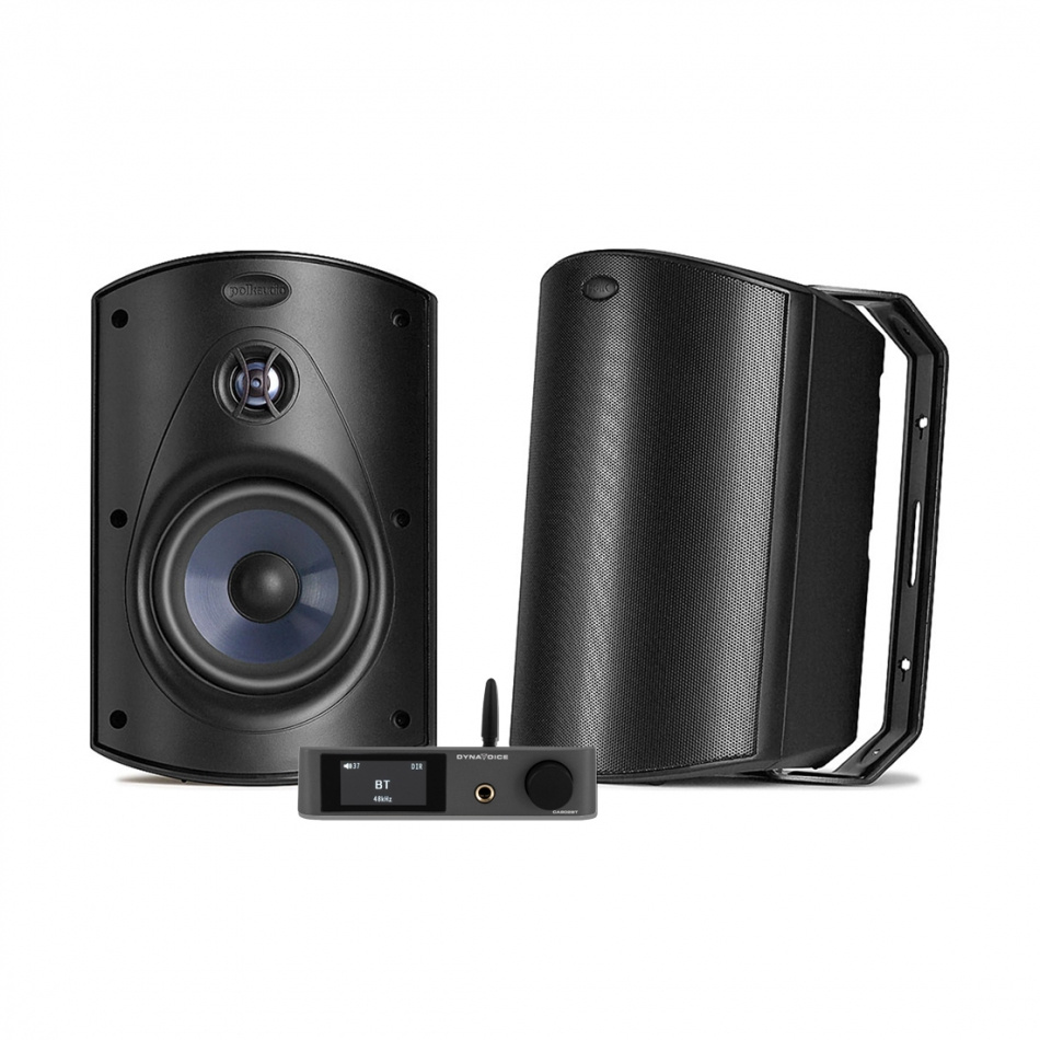 Högtalare och receiver i svart för utomhusbruk. Stereopaket för ljudupplevelse.