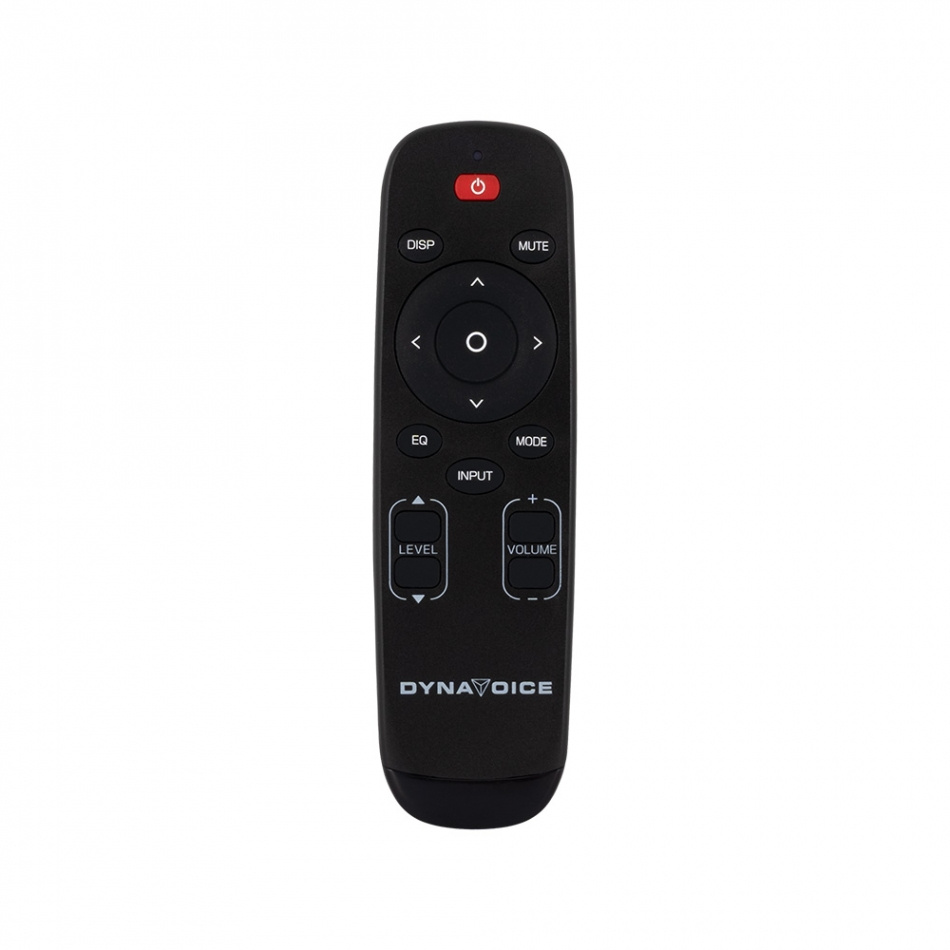 En svart fjärrkontroll med knappar för volym och inställningar.