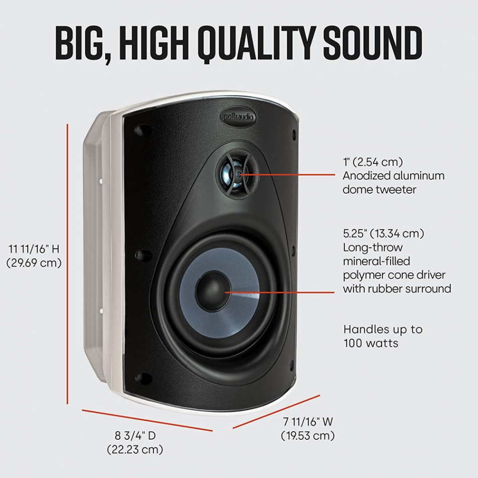 Högtalare med aluminiumdiskant och polymer-membran, 100 watt kapacitet.