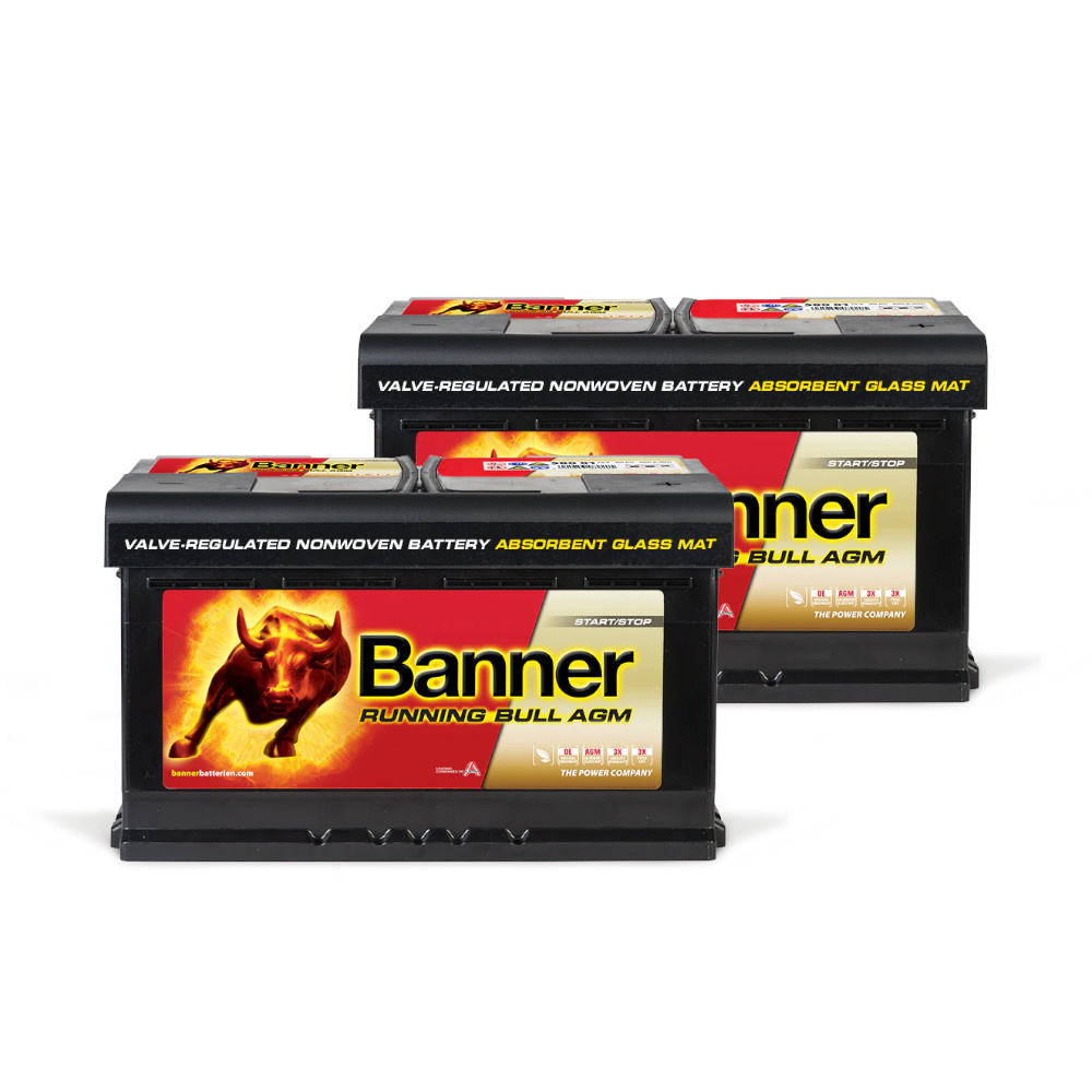 Två Banner 80Ah AGM-batterier med röd och svart design.