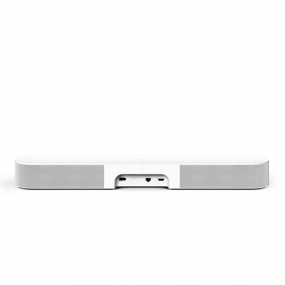 Vit ljudbar med slimmad design och anslutningsportar, del av Sonos ljudsystem.