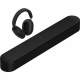 Sonos Beam (gen 2) svart soundbar med svart Sonos Ace, underhållningspaket Svart soundbar med svart hörlurar i minimalistisk design.