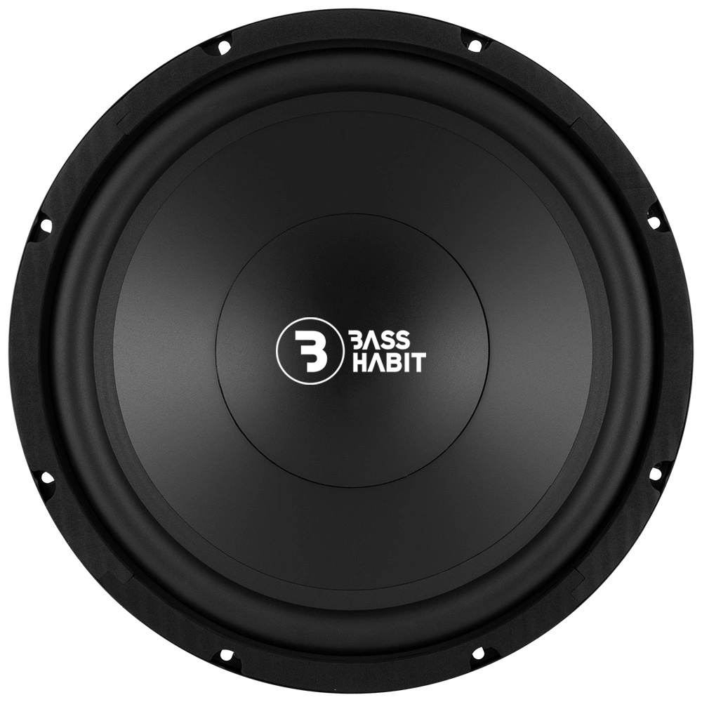 Subwoofer med svart ytfinish och varumärke Bass Habit.