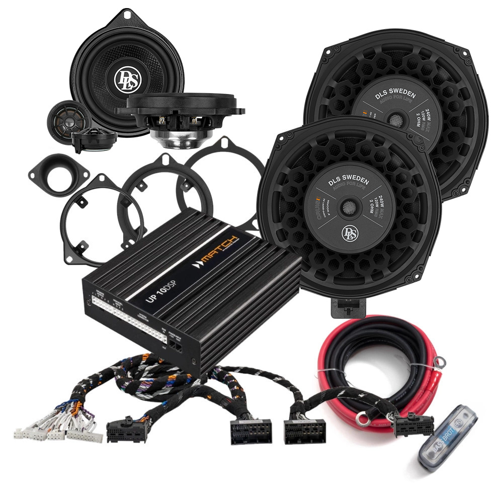 Ljuduppgradering för BMW 2019> med högtalare, förstärkare och kablar.