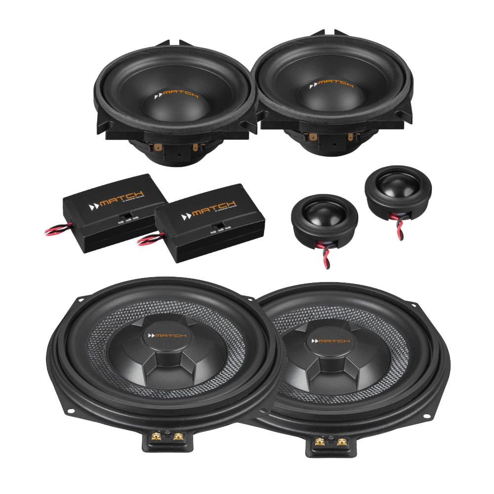 Högtalarpaket med basar, diskant och delningsfilter för BMW.