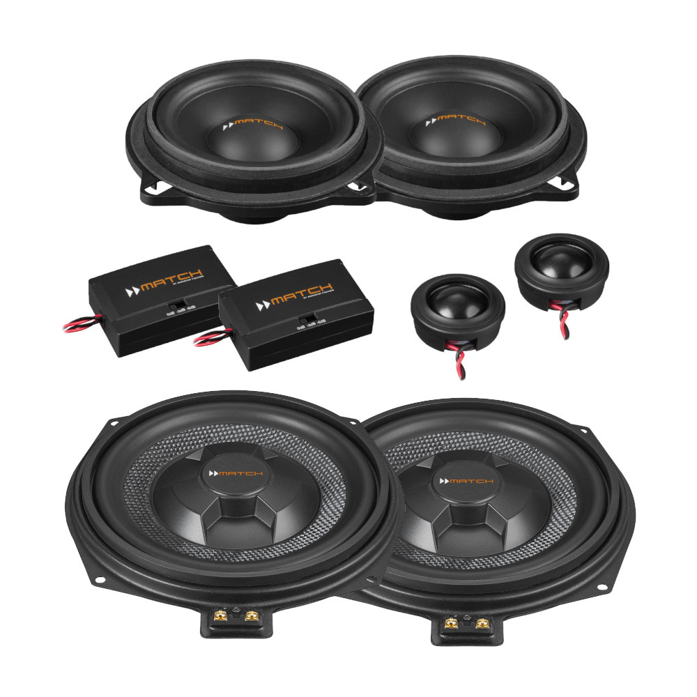 Högtalarpaket för BMW, inklusive basar, tweeters och delningsfilter.