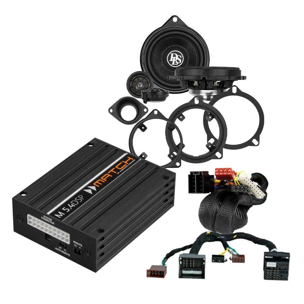 Ljudsystem för BMW med förstärkare, högtalare och monteringsutrustning.