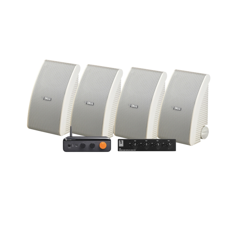 4-pack Yamaha NS-AW392 i vitt med Fosi Audio BT20A Max och högtalarväxel, utomhuspaket