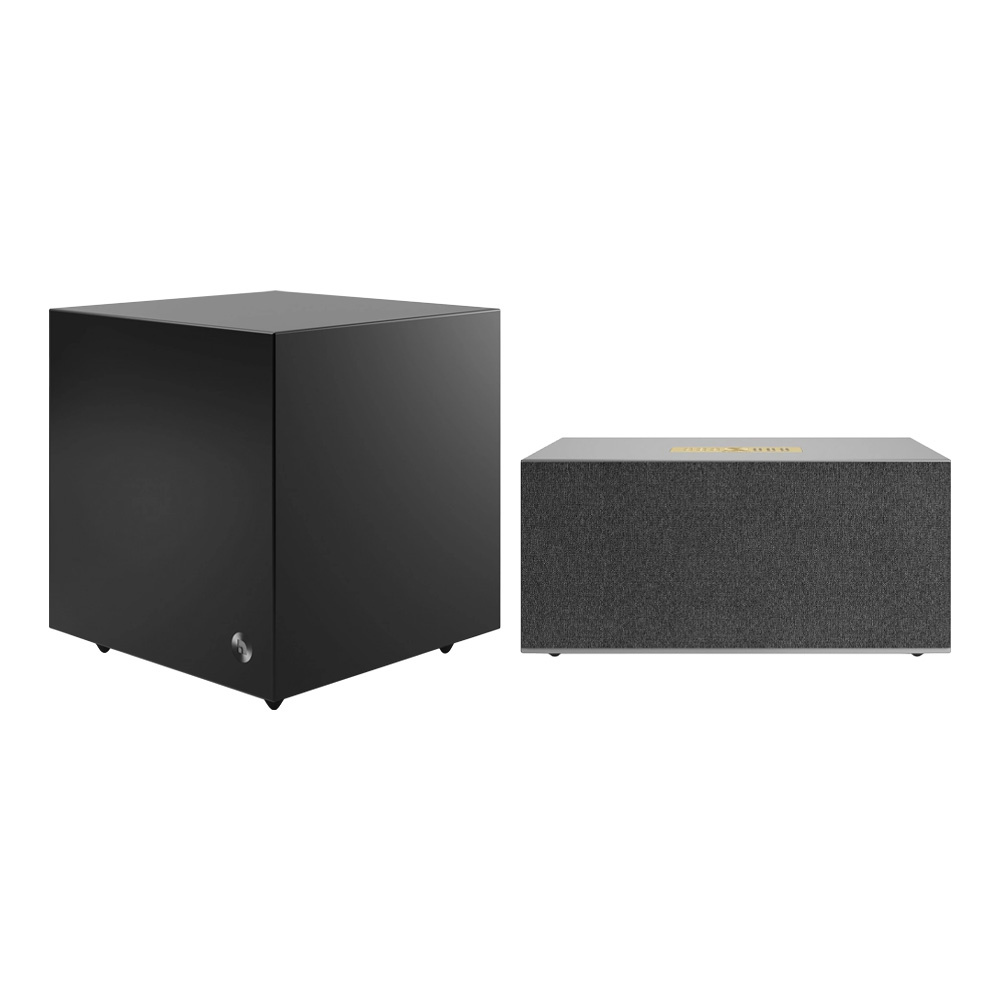 Svart högtalare med en kvadratisk subwoofer och en rektangulär högtalare.