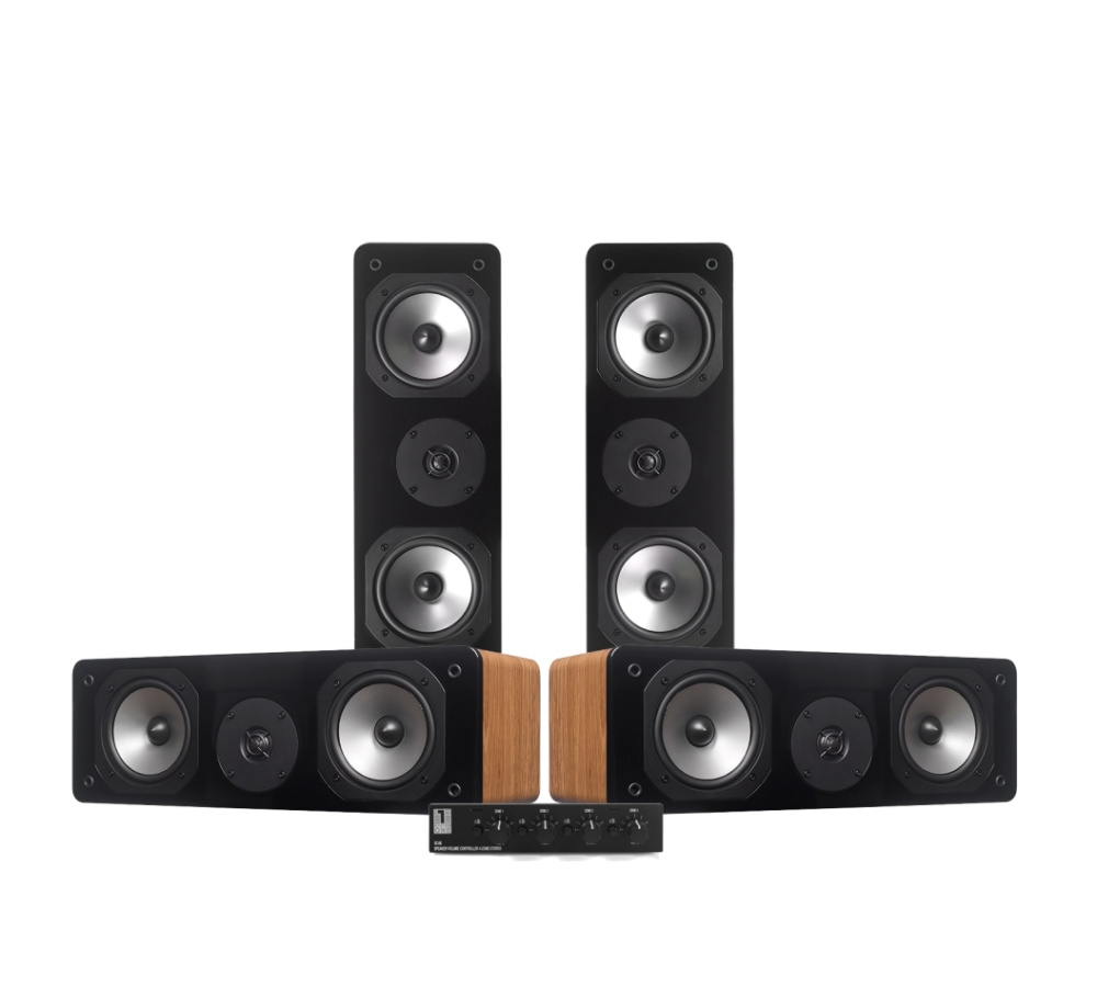 4-pack Dynavoice C-5 i ek med System One SC4B högtalarväxel, garagepaket