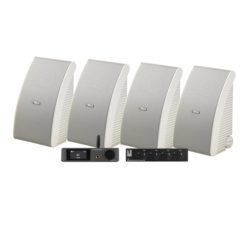 4-pack Yamaha NS-AW592 i vitt med Dynavoice CA802BT och SC4B, utomhuspaket