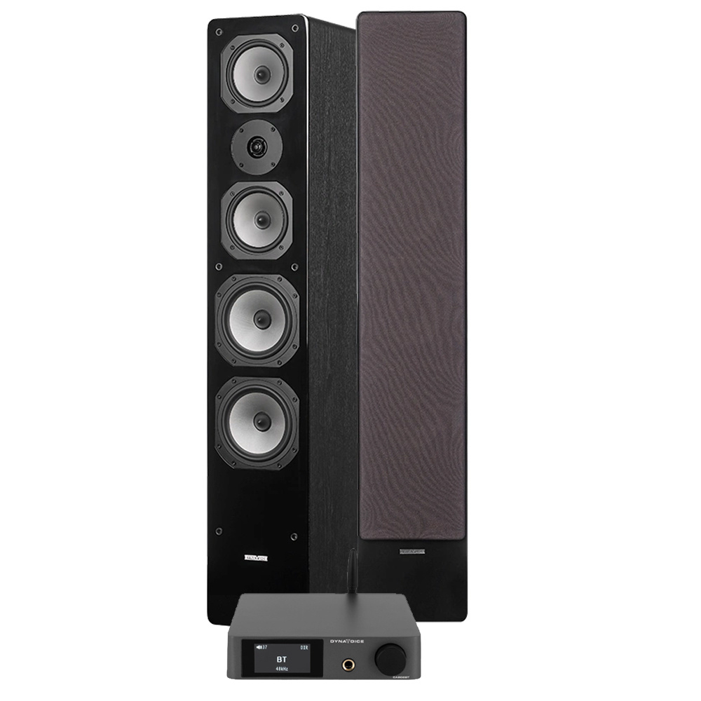 Högtalarsystem med två golvhögtalare och en ljudmodul för trådlös Bluetooth-anslutning.