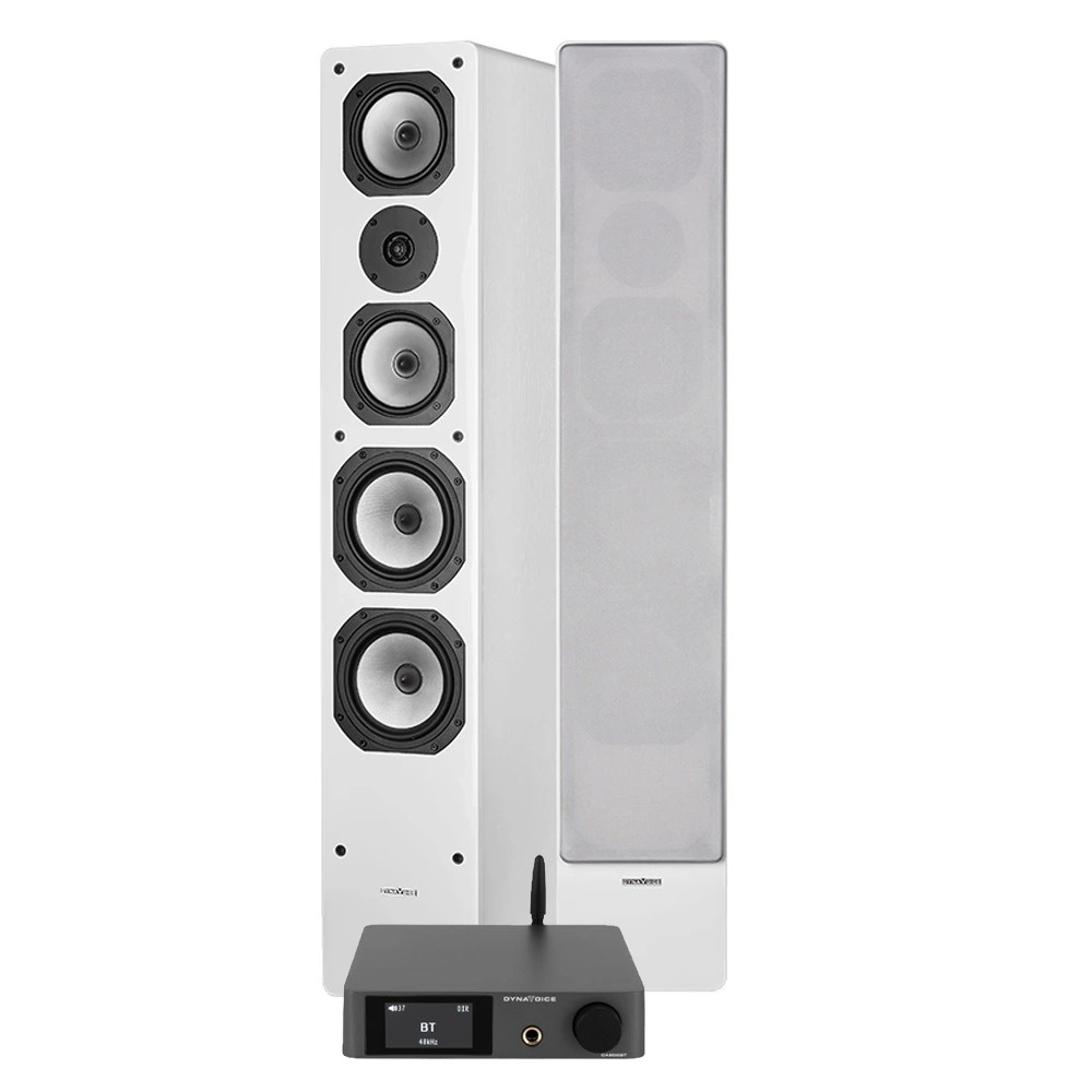 Stereopaket med vita golvhögtalare och en ljudförstärkare.
