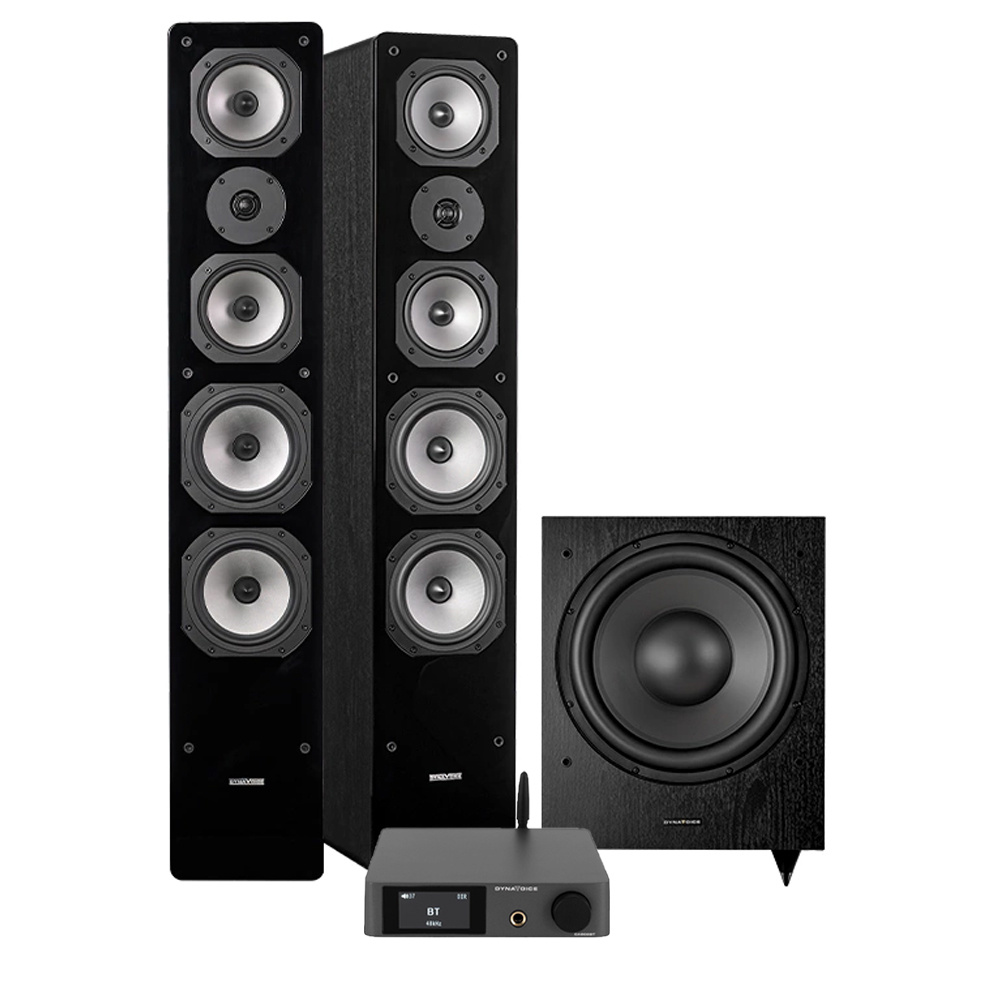 Högtalare och subwoofer, svart, med trådlös förstärkare.