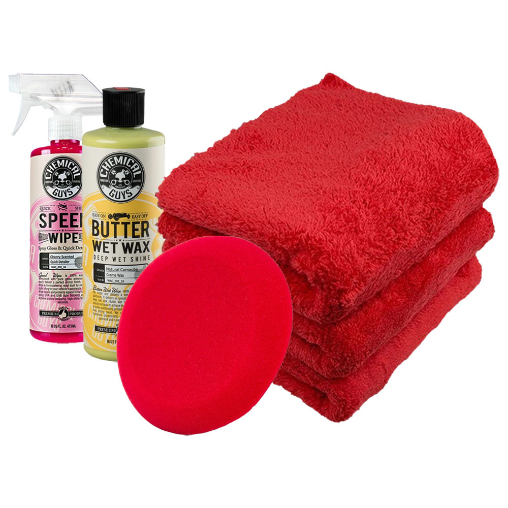 Vaxpaket med rengöringsspray, vax, applikator och microfiberdukar.
