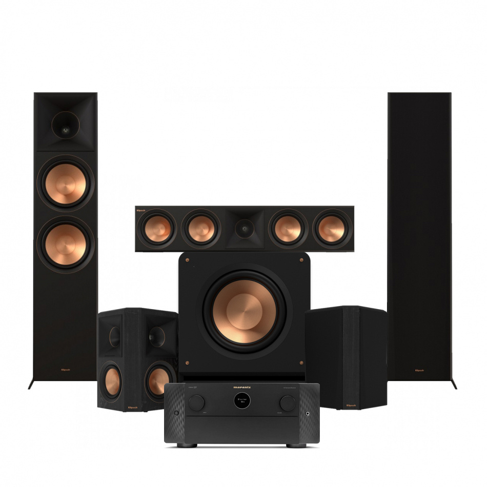 Svart hemmabiopaket med högtalare och förstärkare från Marantz och Klipsch.