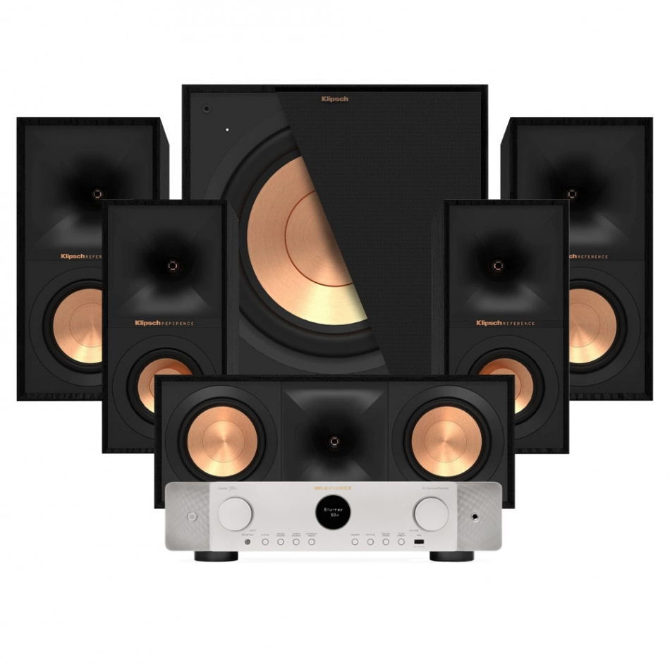 Hemmaljudsystem med förstärkare och högtalare i svart och guld.