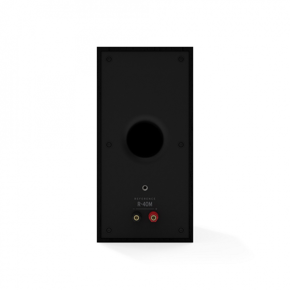 Högtalare med bakpanel, anslutningar och svart finish.