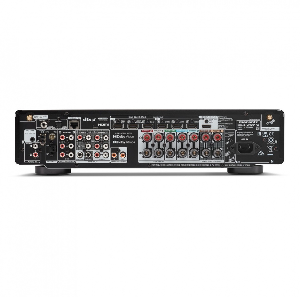 Baksidan av en hemmabioförstärkare med anslutningar och ljudutgångar.