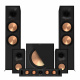 Marantz Cinema 70S med Klipsch Reference, 5.1 hemmabiopaket Hemmabio-paket med högtalare och subwoofer i svart och koppar.