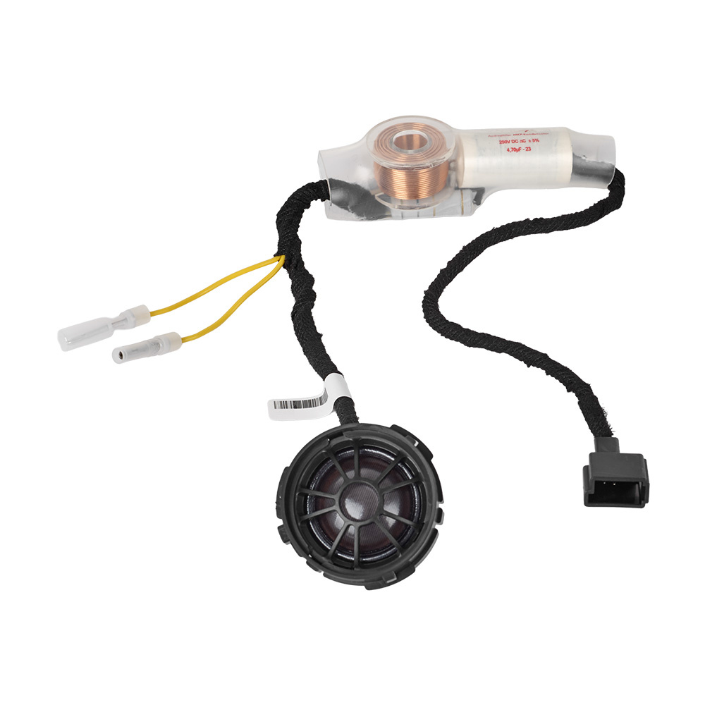 Högtalare med en kabelanslutning och tydlig ljudkomponent.