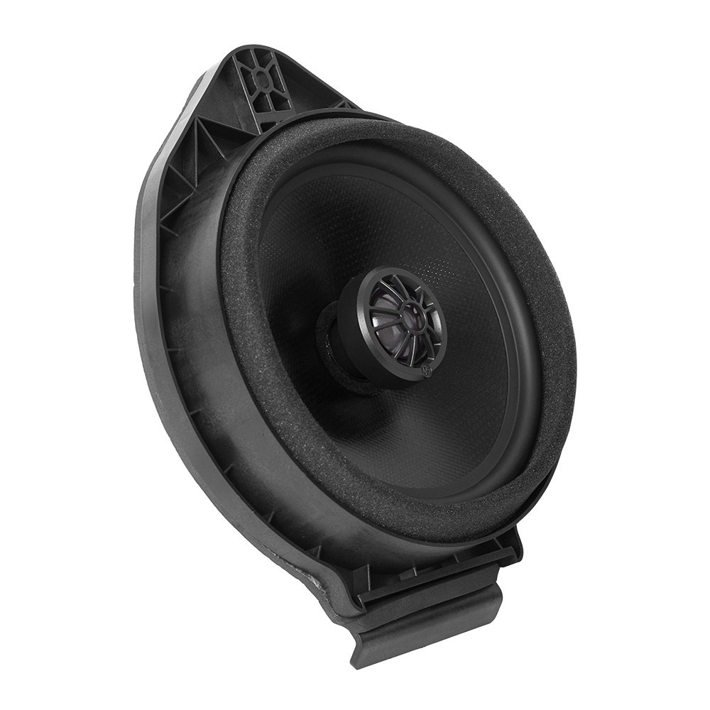 En svart fram- och bakhögtalare med en rund kon och gummiram.