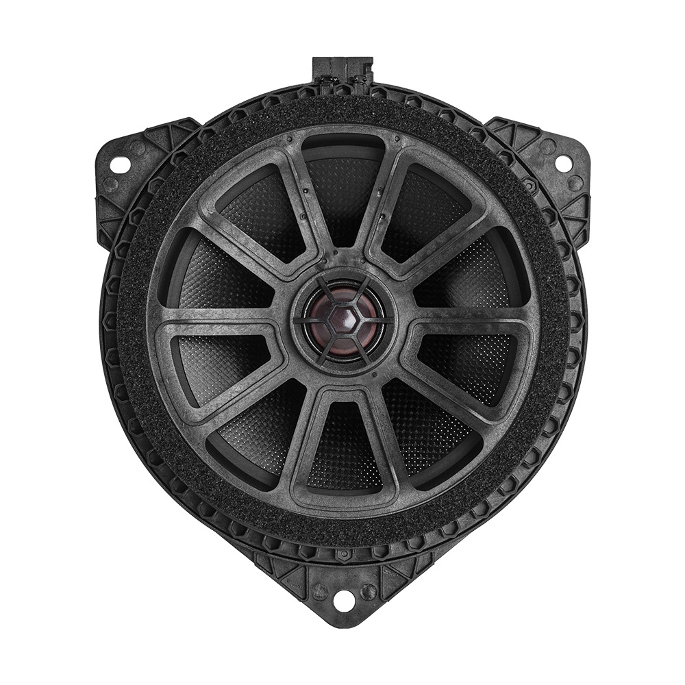 Högtalare med svart galler och flera skivor, designad för bil ljudsystem.
