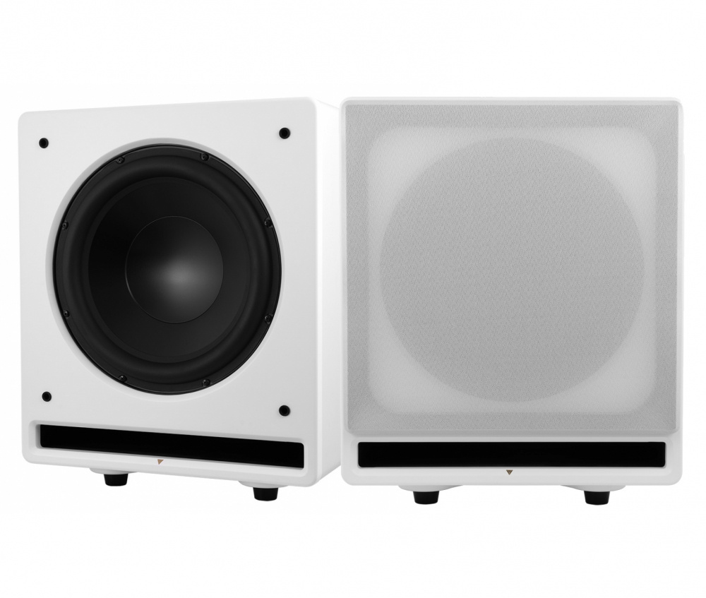 Aktiv subwoofer i vitt, 2-pack, designad för kraftfull basåtergivning.