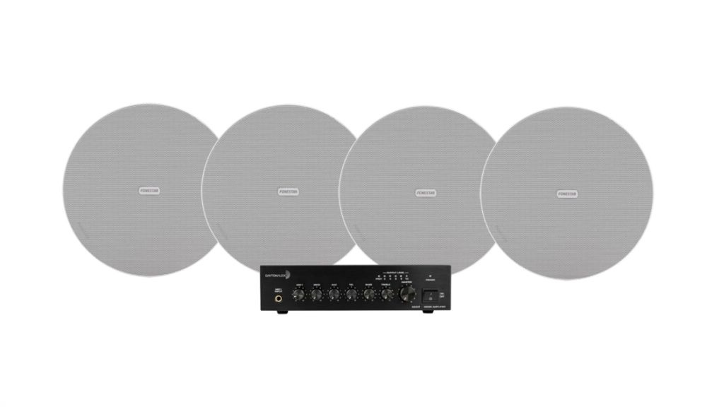 Dayton Audio DA40T med 4st Fonestar Sky-6T, kommersiellt 100V-paket