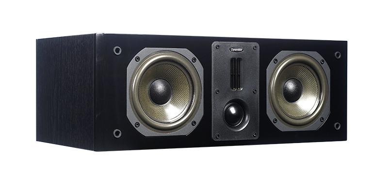 Svart högtalare med dubbla element och centralljudkanal.