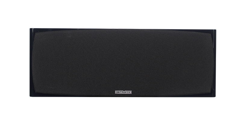 Ett svart högtalargrill med Dynavoice-logotyp.