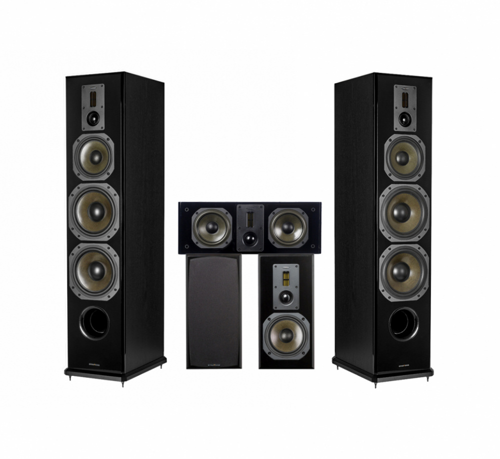 Ett svart högtalarpaket med två golvhögtalare och en centerhögtalare.