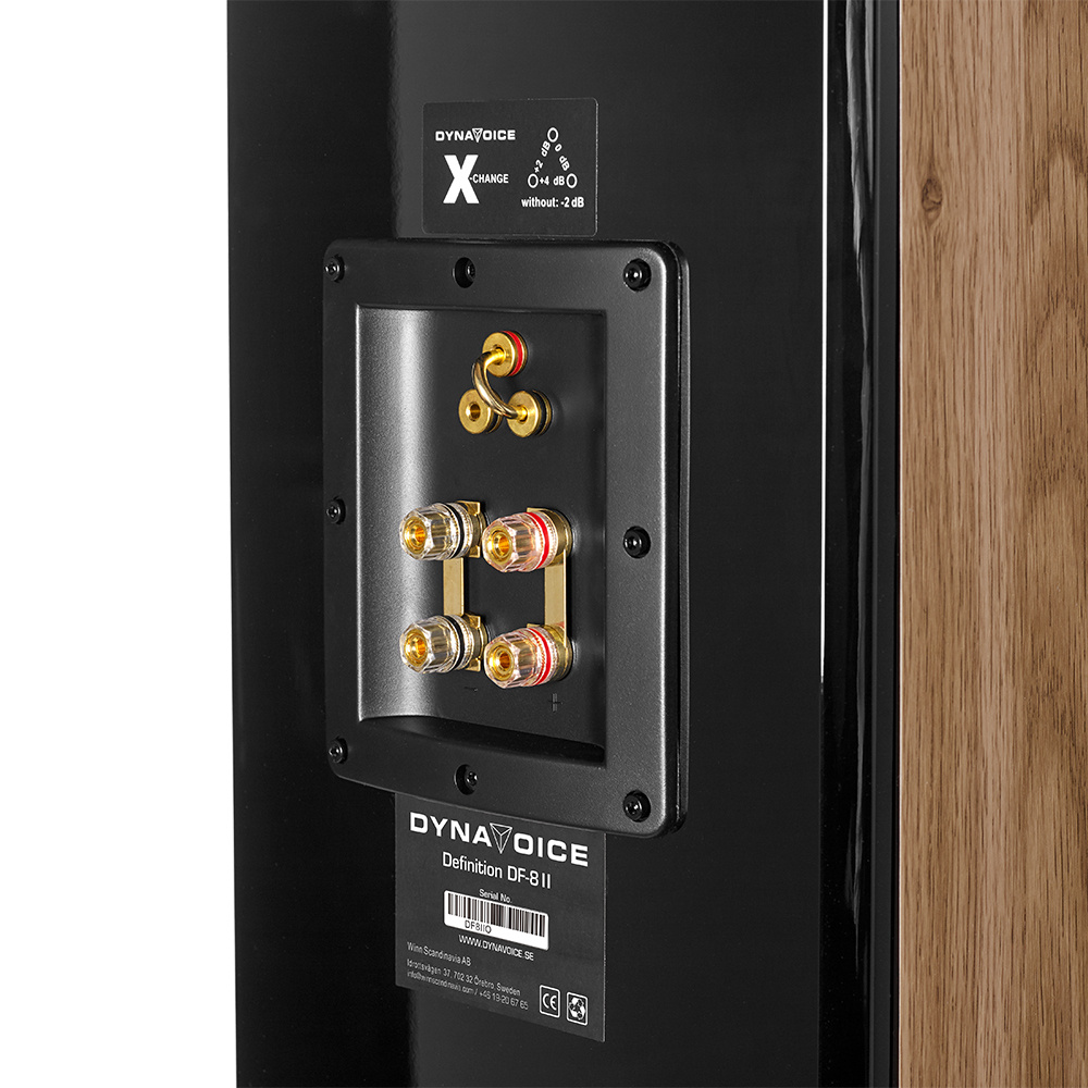 Baksidan av högtalare med anslutningar och märken.