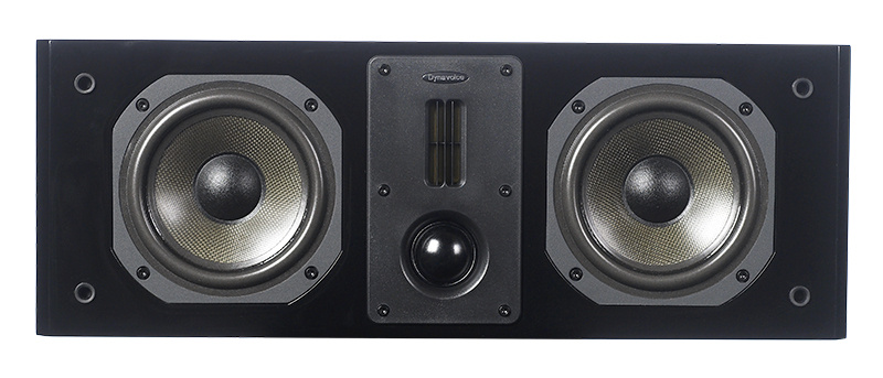 En svart högtalare med två stora woofers och en diskant i mitten.