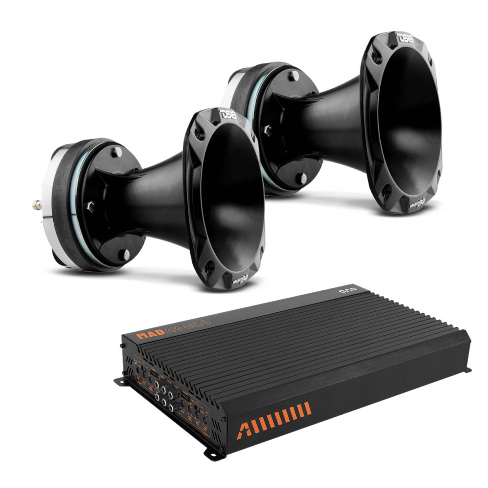 SPL-paket med två hornhögtalare och en förstärkare.