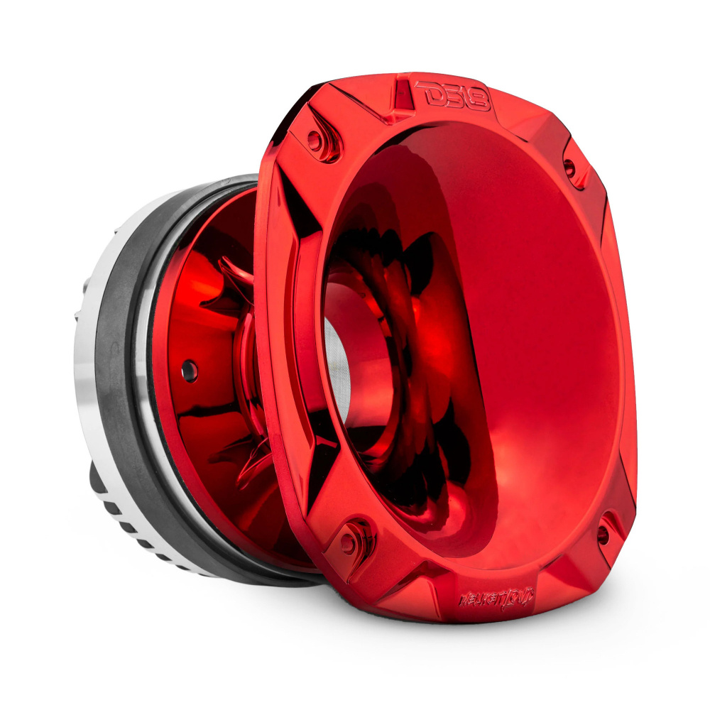 En röd och blå högtalardrivare med slimmat horn.