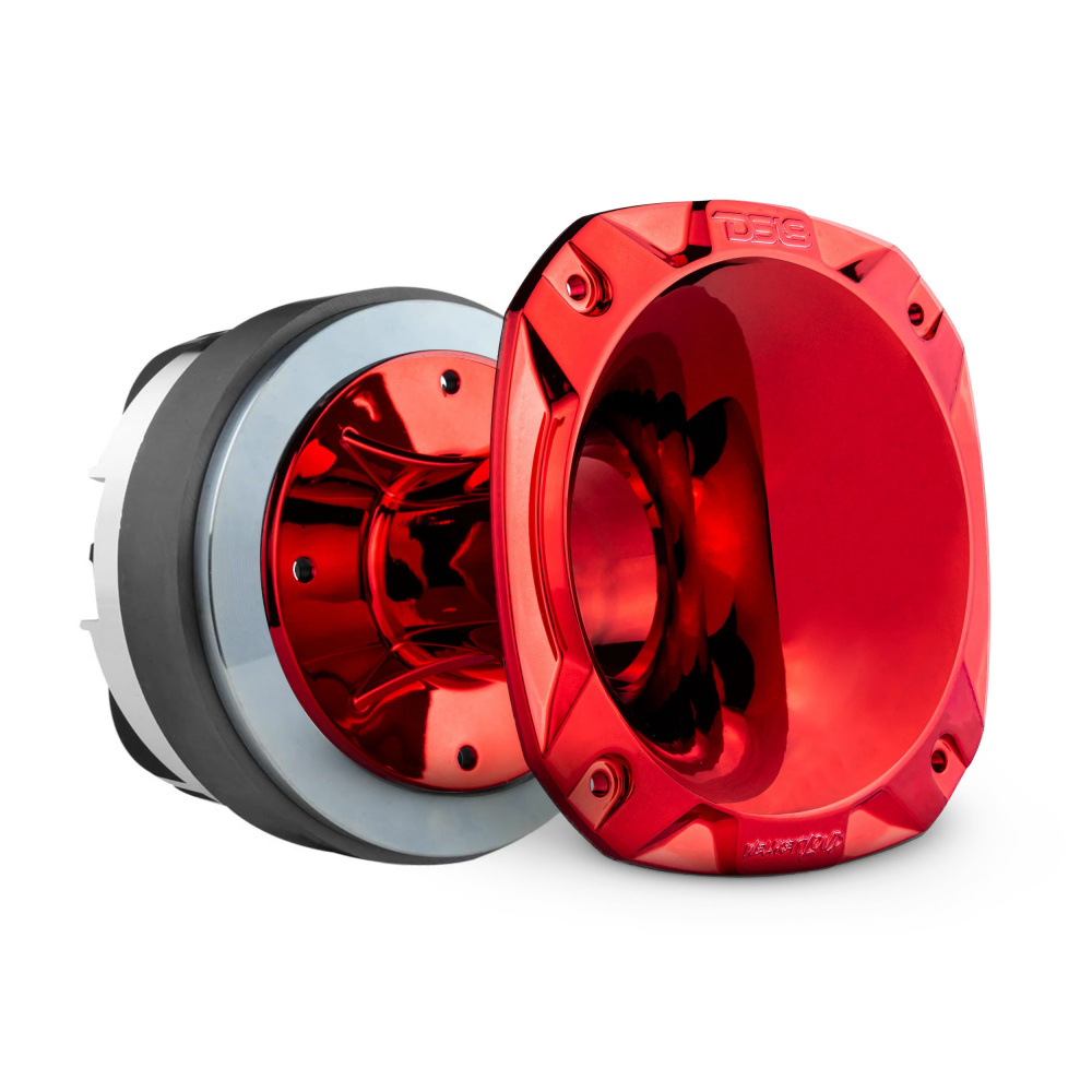 En 2-tums ljuddriver med röd och blå horndesign.