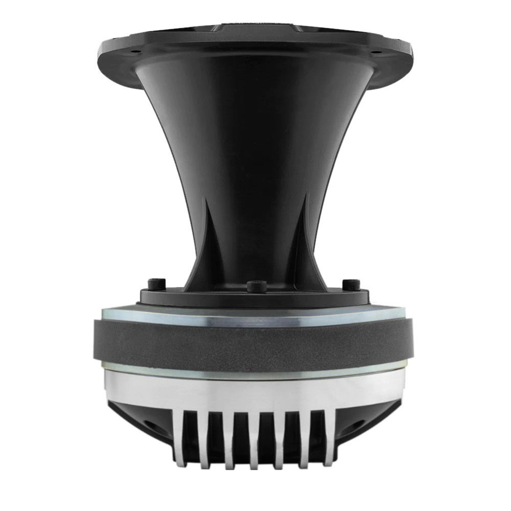 En kraftfull högtalare med stor tratt och kylflänsar för optimal ljudprestanda.