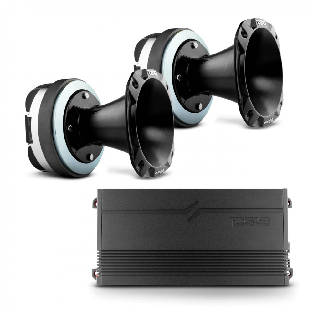 Två högtalare och en förstärkare för ljudsystem.