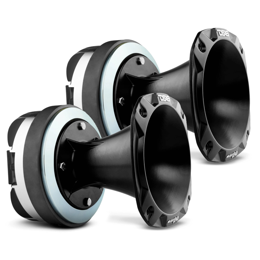 Två 2-tums högtalardrivare med horn, designade för hög ljudprestanda.
