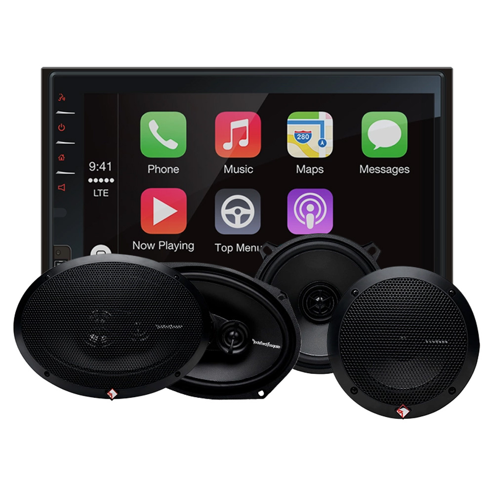 Bilstereopaket med skärm, högtalare och olika funktioner.