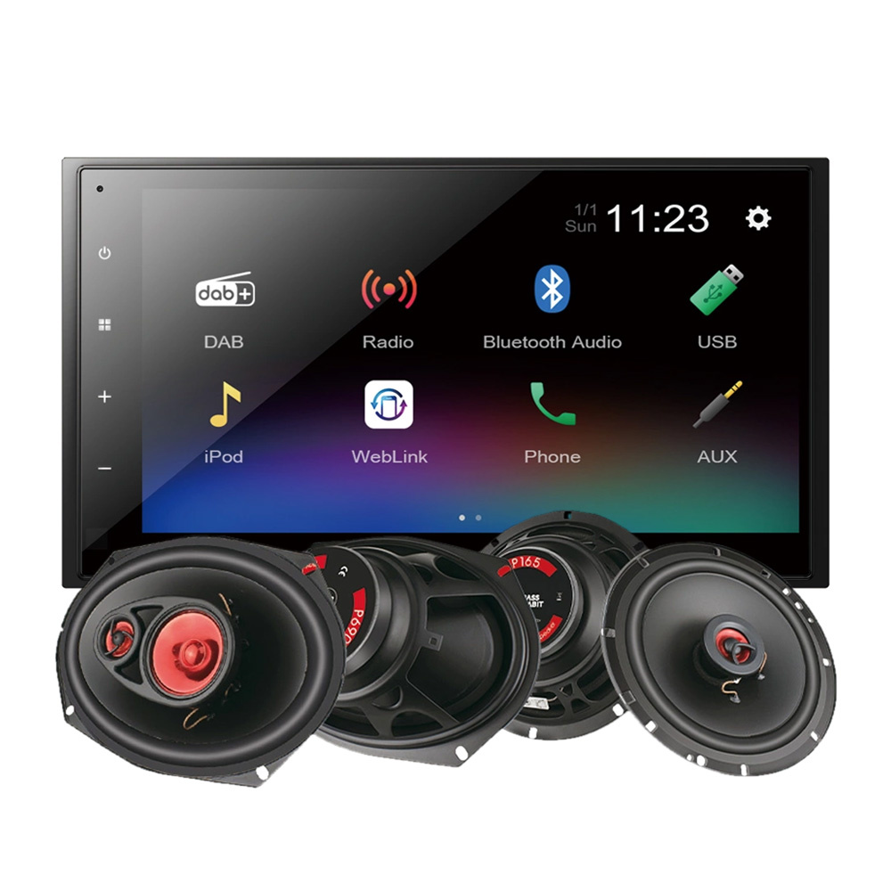 Bilstereopaket med skärm och högtalare för ljudsystem i bil.