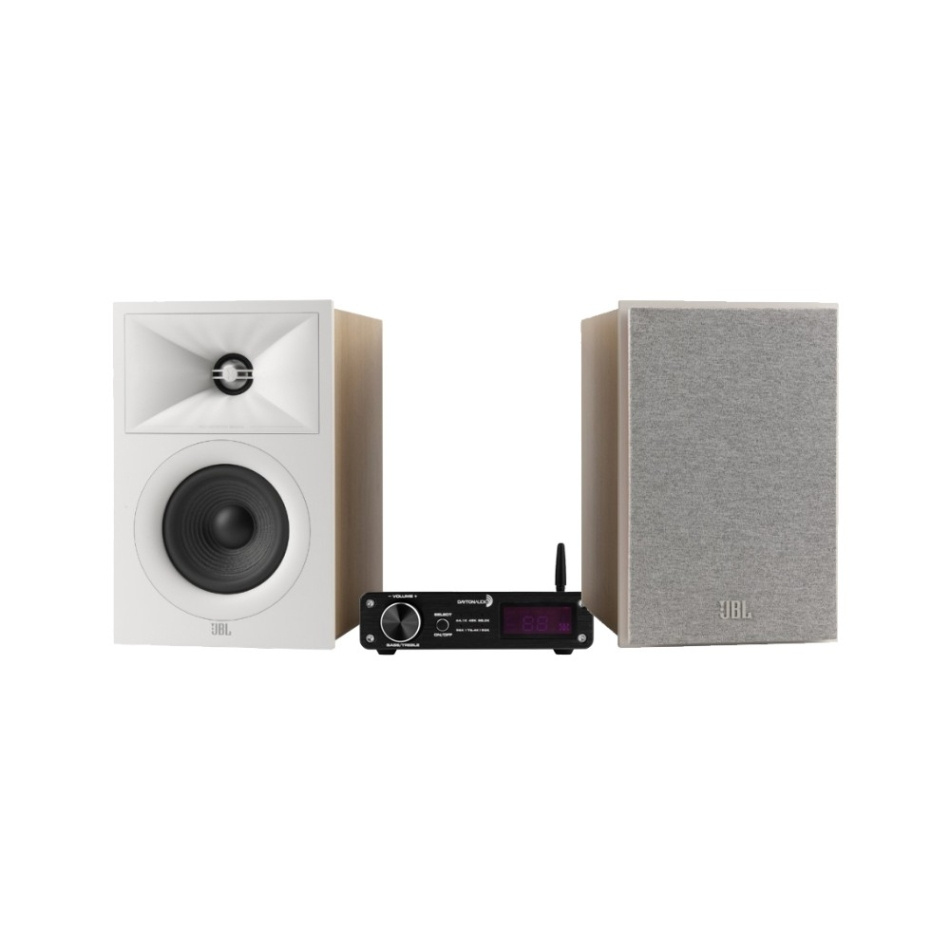 JBL Stage 240B i vitt med Dayton Audio DTA-PRO, 2.0 stereopaket