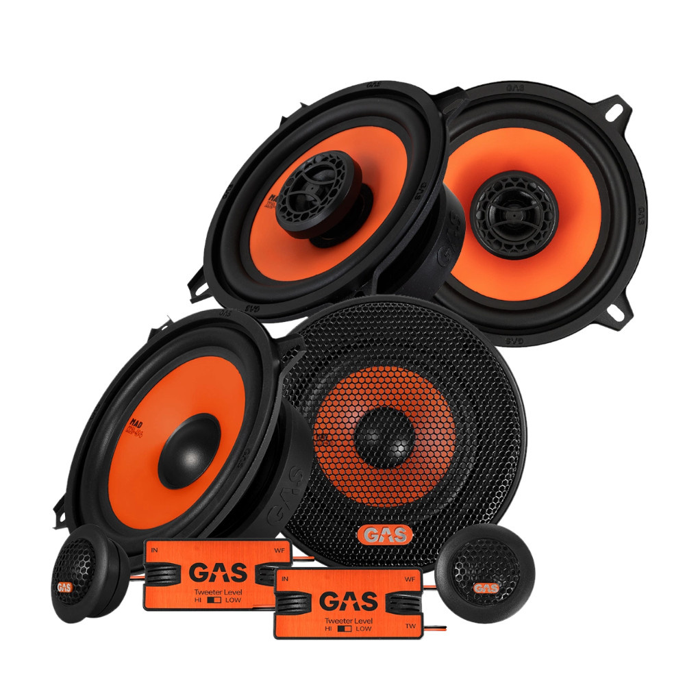 Högtalarpaket med två basar och diskanter för BMW E39, orange och svart design.