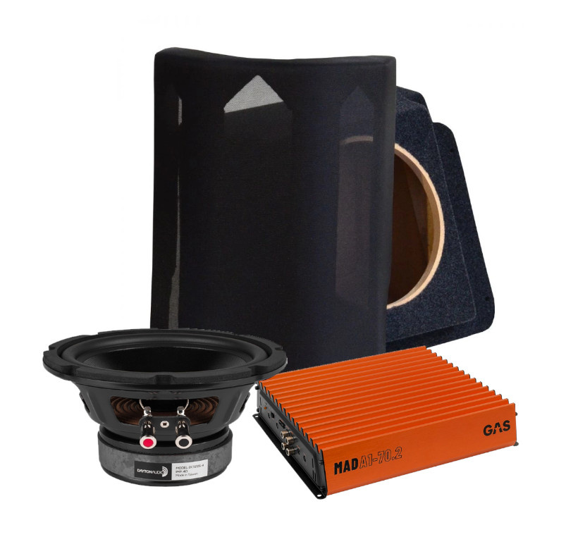 En subwoofer och förstärkare för BMW E46 Cab.